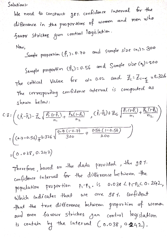 Solutions We need to constouct 98%, confidence interval for the difference in the proportions of women and men who favor Stri