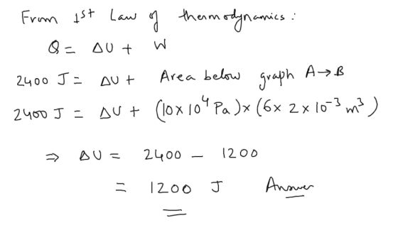 lamics : . From 1st Law of thermodynamics: Q = AUT W - 2400 J= AUT Area below graph AB 2400 J = AU + Clox 104 Pa )x (6x 2x 10