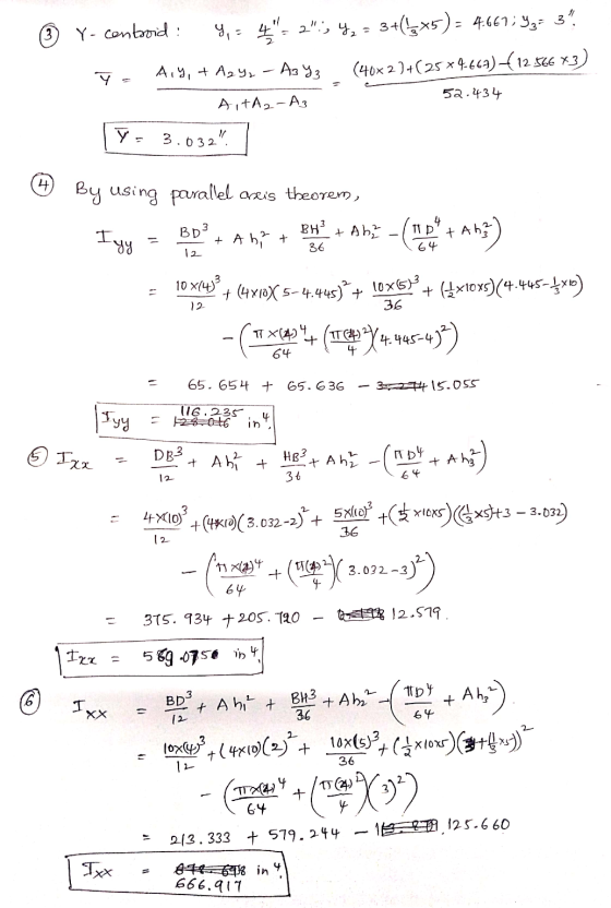 © Y-contoroid: 9, = 42., 4, = 3+(5x5) = 4.667; Yg= 3. T Ary, + Azyz - Azyz (40x2)+(25x4669) (12.566x3) 52.434 AiA2-A3 1% =