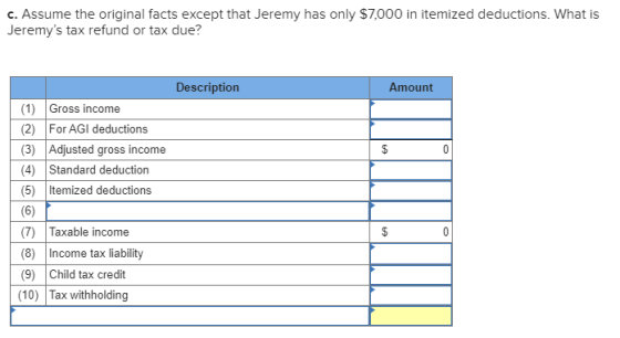 c. Assume the original facts except that Jeremy has only $7,000 in itemized deductions. What is Jeremys tax refund or tax du