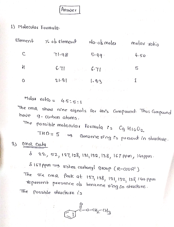 (Answer 1) Molecular Formula Element % ob element No.ols moles molar solo 71.98 5.99 4.50 6.71 6.71 1. 931 Molar roho = 4.5.5