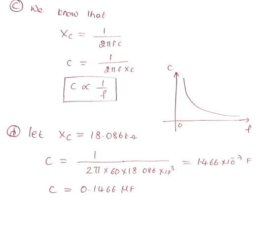 & we know that Xc = Q1fc c = 211 fx c Text o @ let Xc = 18.08662 c= = 1.466 XOF 271 X 60X18.086 X103 C = 0.1466 MF