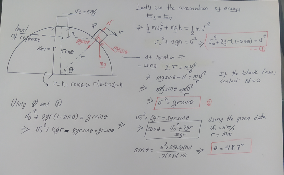 50 = 5m/ levelt of reference Lets we the conservation of energy El=E2 1 mu + ngh= 1 mW 2 Vo+ 2gh = 02-> Jó+29811-sine) = v?