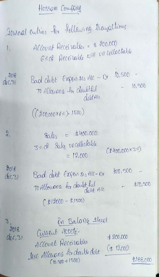 Hossam Company Downal entries for following transactions 1. ACCOUNG Receivables = $ 200,000 64. Of Receivable will un collect