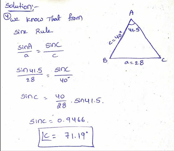 solutions, Qwe know that from sire Rule 44.5 sinA Sinc c=403 с. B a=28 sinc sinu1.5 28 40 Sinc = 40 Sin 41.5. 28 sinca 0.9466