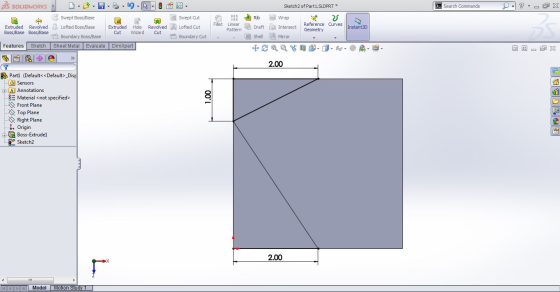 BS SOLIDWORKS Sketch2 of Part1.SLDPRT * > Search Commands ? --OX Rib Led Wrap Fillet Linear Pattern Draft Intersect Swept Bos