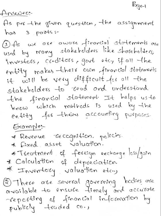 Page-1 Answeco As per the given question, the assignment has 3 patts: ② As we are awarce financial statements are used by man