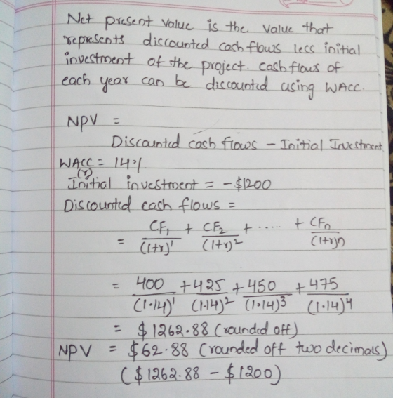Net present value is the value that represents discounted cash flows less initial investment of the project cash flows of eac