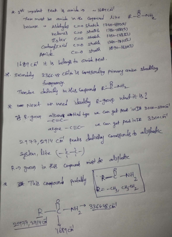 frequency. * 2st important peak is amide ~ 1689 cm There must be amide in the compound like R-&-NH because Aldehydes cao stre
