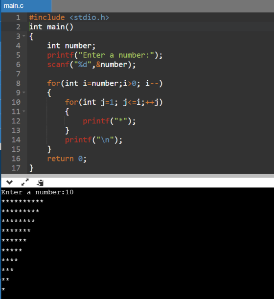 main.c 1 #include <stdio.h> 2 int main() ол нь int number; printf(Enter a number:); scanf(%d,&number); for(int i=number;i
