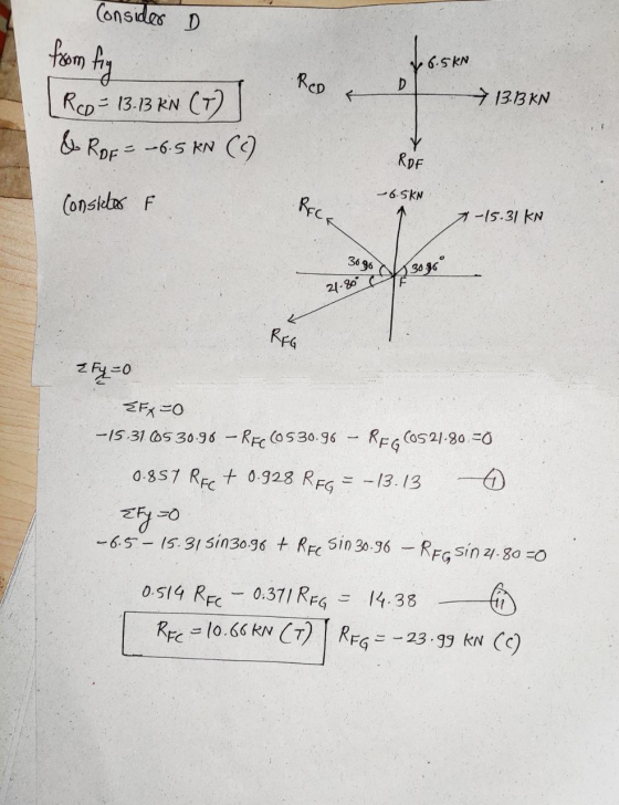 Consider D from fry •6.5kN 13.13 KN [RCD = 13.13 KN (7) & ROF= -6.5 kN (C) Consiles F - 6.5KN. RECK -15.31 KN 3696 3.80 21.80