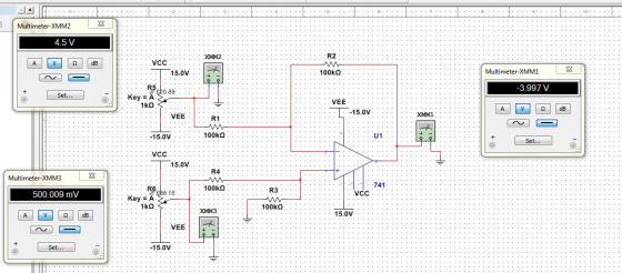 .3 Multimeter-XMM2 X 4.5 V XMM2 А V S2 dB VCC -15.00 R2 w 100ko Multimeter-XMM1 X W + 100 R5eko da -3.997 V + O Set... Key=A