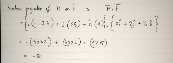 Scalar projection of ñ on E is Moř :(:(135) + (66) + ê (1). {er + 25 + 1 h} :-(35*2) + (6542) + (4*15) = - 80