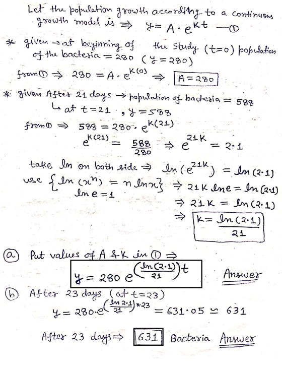 o KOJ => Let the population growth according to a continuous growth model is 3 y= A ekt * given at beginning of the study (t=