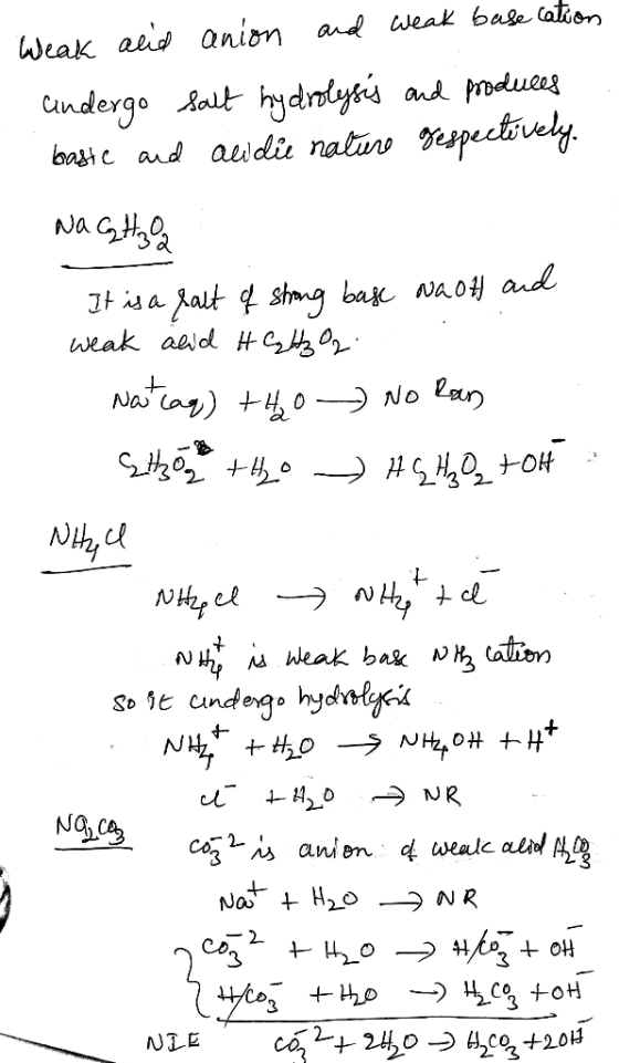 Weak alid anion and weak base cation undergo salt hydrolysis and produces baste and awidie nature gespectively. Na GHz02 It i