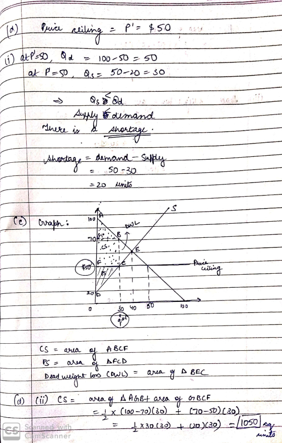11 To Price ceiling = P= $.50 m 3 W at Pl=so Qd = 100-50=50 at P-50 Qs = 50-20=30 . = Os oedd to supply of dimand There is a