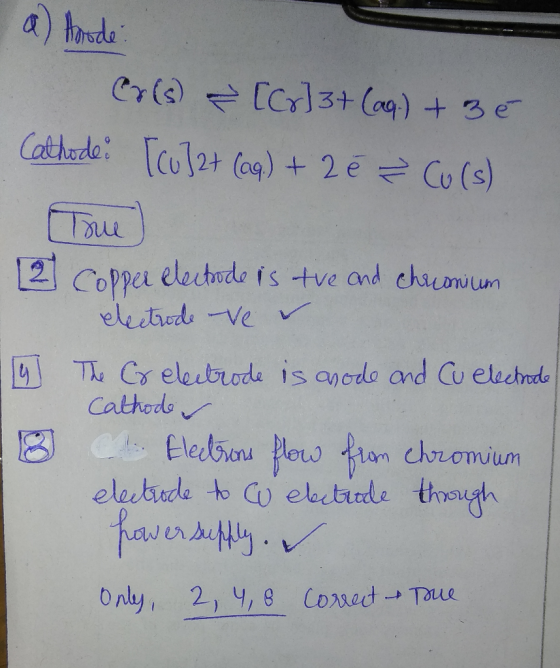 a Ande Cr(s) CCr 3+ (ag) +3e Cathrde Cu12+ (ag) + 2 e Co (s) 12 electode is tve and chaunium Coppe eleitrods Ve T Cr eleutrod