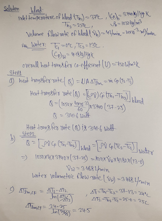 P= 1050 kg / m3 Ati Thi Tc2=37-13=24°C solution blood: inlet temperature of blead (Thi) =374, 0) = 3740 kg kg-K The =250C vol