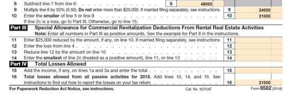 8 Subtract line 7 from line 6 . . 10 Enter the smaller of line 5 or line 9............. Part III 8 48000 Multiply line 8 by 50% (0.50). Do not enter more than $25,000. If married filing separately, see instructions | 9 10 24000 21000 If line 2c is a loss, go to Part Il. Otherwise, go to line 15 Special Allowance for Commercial Revitalization Deductions From Rental Real Estate Activities Note: Enter all numbers in Part Il as positive amounts. See the example for Part Il in the instructions. 11 Enter $25,000 reduced by the amount, if any, on line 10. If married filing separately, see instructions 11 12 Enter the loss from line 4 ......12 13 Reduce line 12 by the amount on line 10.. .. . 14 Enter the smallest of line 2c (treated as a positive amount), line 11, or line 13 . . Part IV 15 Add the income, if any, on lines 1a and 3a and enter the total. . ...15 16 Total losses allowed from all passive activities for 2018. Add lines 10, 14, and 15. See 13 14 Total Losses Allowed instructions to find out how to the losses on your tax return 16 21000 For Paperwork Reduction Act Notice, see instructions. Cat. No. 63704F Form 8582 (2018)
