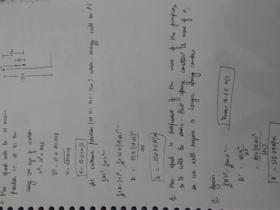 Mar sheed will be at mean position ic; at a = dm. 13m 150 m 1 using and eger of motion : ve u + gas V9 -0+ &X10X8 V = Vaxloxg