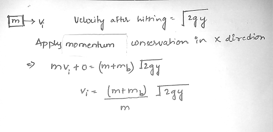 m mtv Velocity after hitting - [egy Apply momentum conservation in x diredion ༤། myto= (mamb) Izgy Vi (mitm) Izgy 연 m