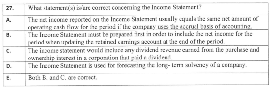 27. What statement(s) is/are correct concerning the Income Statement? The net income reported on the Income Statement usually