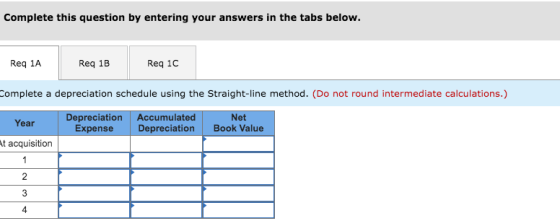 Complete this question by entering your answers in the tabs below. Req 1A Reg 1B Req 1C Complete a depreciation schedule usin