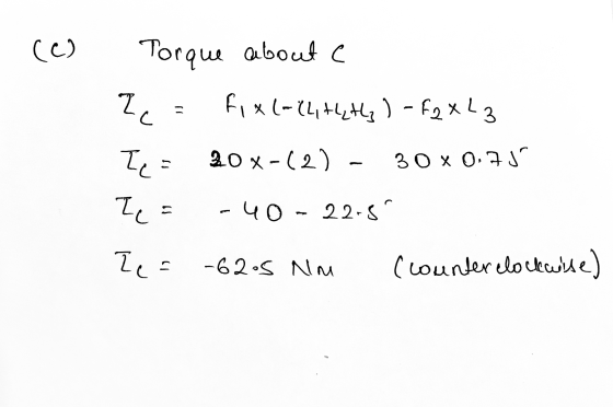 (c) Torque about a au 1) FiXL=(4thtly ) -F2 XL 3 20%-(2) - 11 30x 0.75 Te Za Tea -40 22.81 -62.5 MM (counter clockwise)