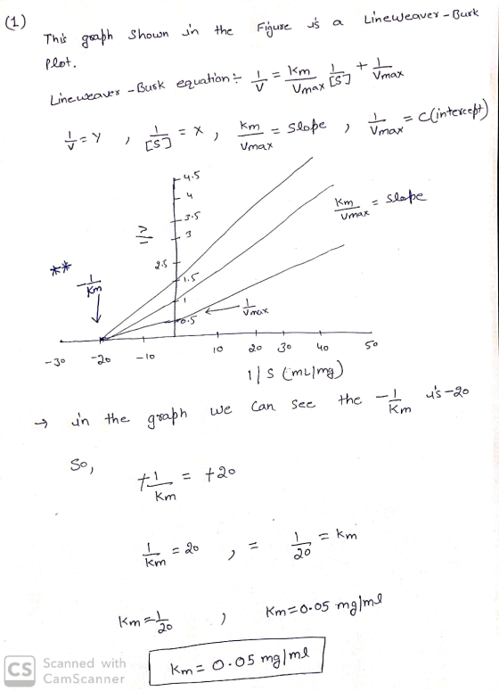 (1) Unax L This graph shown in the Figure is a lineWeaver-Burk plot. Line weaver - Busk equation t = km 57 - Tmax Voy , cŚ3 =