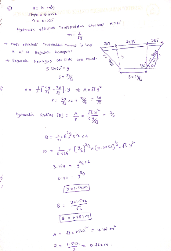 Slope = 0.052 n: 0.025 d=60° Hydraulic efficient Trapcaoidal channel -b most ef ficient 29155 TYapezoided channel ) half 9/13