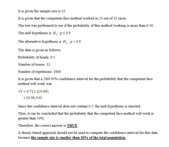 It is given the sample size is 32. It is given that the competent-face method worked in 23 out of 32 races. The test was perf