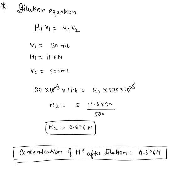 * Dilution equation Move = Ma Va N= 30 ml Mi = 11.6M V2 = roome 30 x 1073 x 1116 3 M2 x soorlof M2 = F 11.6x30 500 ( M2 = 0.6