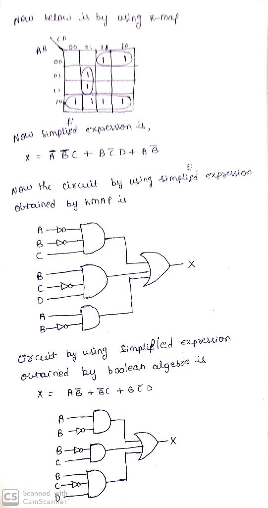 - Now below is by using t-map Now simplied expression is, X = Ā B C + BCD + AB Now the circuit by using simplied expression o