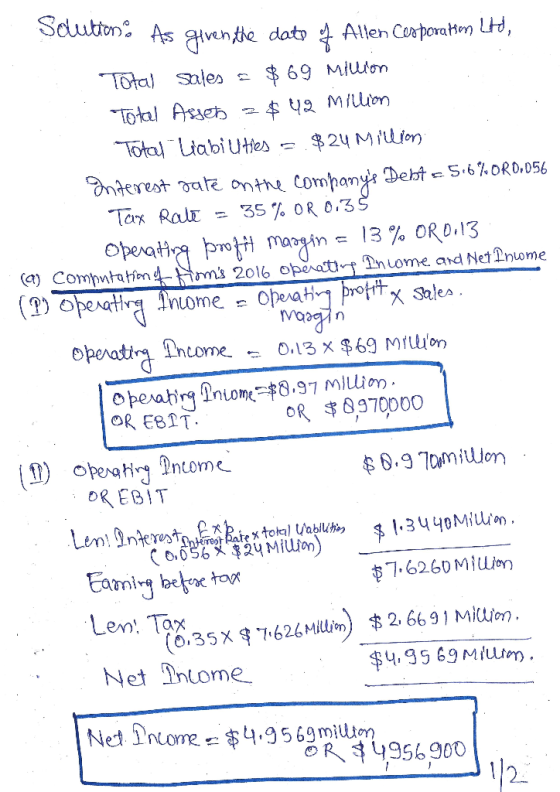Sdution As iventhe daty Allen Cerporatten Ltd TOtal Sales $69 Miuom Toka Ase Total Liabiutes $24 Milion mterest bate onthe co