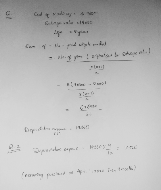 Q1 Cost of machinary = $96800 Salvage value - 19680 Life - syear Sum - of the years digits method. = No. of years (original
