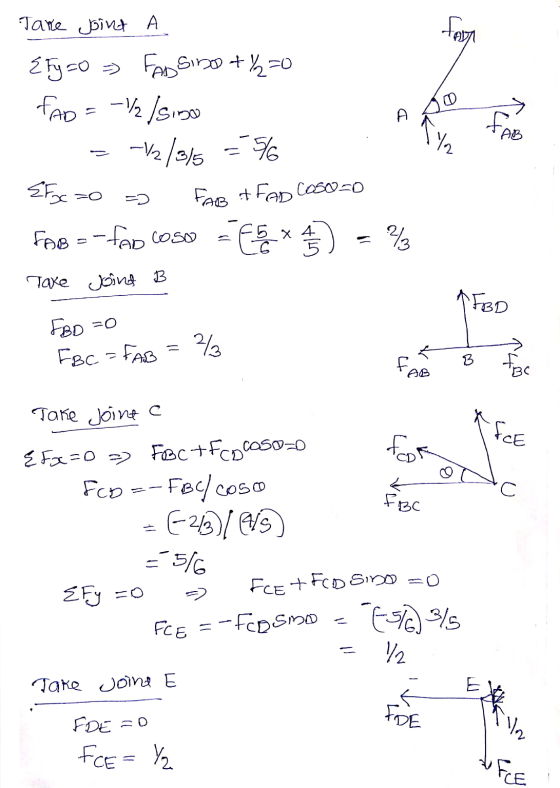 783 Take Joint A {Fy=0 = FADSIDO + Y=0 FAD = -1/2/SIDO - 12/315 = 56 Stoc zo = Face + Fad coBoco FAB = - FAD caso = 3 x 4 = %