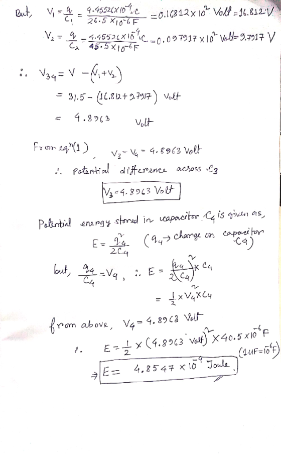 4.4552(X1D But, 26.5X10-6 0.1812x 10 olf 16.812- 4.4552X1 C45.5X10F 0.097917 x 1Voll=9.7017 V V +V2 - 4c.+27 Volt 4.8963 Volt