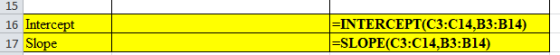 16 Intercept 17 Slope =INTERCEPT(C3:C14,B3:B14) =SLOPE(C3:C14,B3:B14)