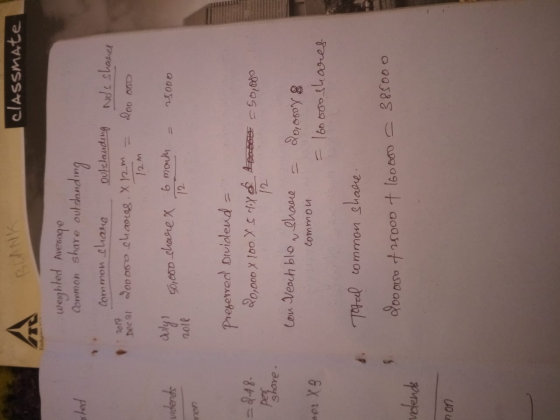 BANK classmate shed weighted Average Common share outsanding Common share outstanding Dec 31 200000 shares. X 12m = Nos shave