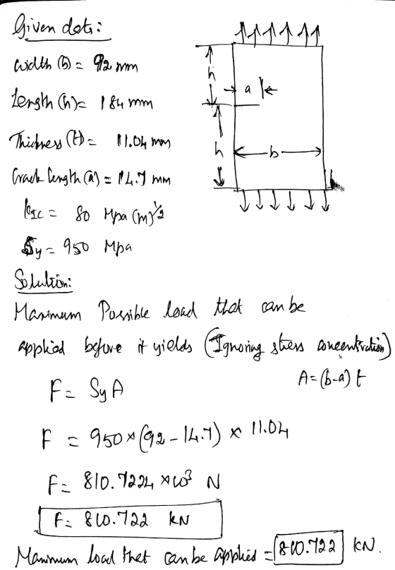 h -b V Given dati M1111 Width (6) = 92 mm ak Length (h= 184 mm Thickness (t) = 11.04 mm Crack length (a) = 14.9 mm borc = so