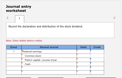 Journal entry worksheet Record the declaration and distribution of the stock dividend. Note: Enter debits before credits Even