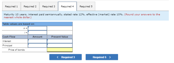 Required 1 Required 2 Required 3 Required 4 Required 5 Maturity 10 years, interest paid semiannually, stated rate 12%, effect