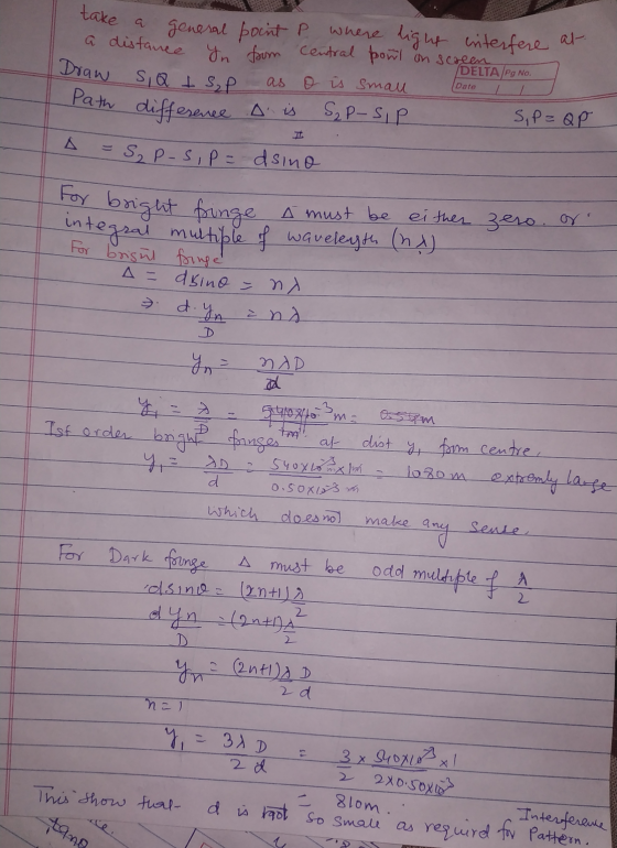 take a general boint P where light interfere at a distance from Central powl on screen leaner Draw SQ tsp as o is small Dato