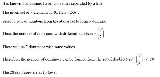 It is known that domino have two values separated by a line. The given set of 7 elements is 0,1,2,3,4,5,6; Select a pair of numbers from the above set to form a domino. Thus, the number of dominoes with different numbers 2 There will be 7 dominoes with same values. Therefore, the number of dominoes can be formed from the set of double-6 set+7-28 2 The 28 dominoes are as follows: