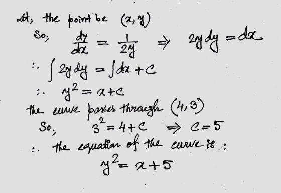 Let; the point be (2,7) so; de o = 2 * 2ydy = da :. / 27 dy = |date = y2=2+ the euwe bosses through (4,3) So, z²=4+6 » c=5 :