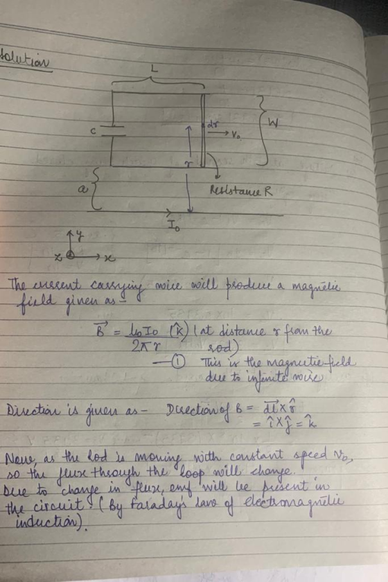 solution dr W с Resistance R The cussent cassying meire will produce a magnelie field ginen B = lo Io (k) (at distance & from