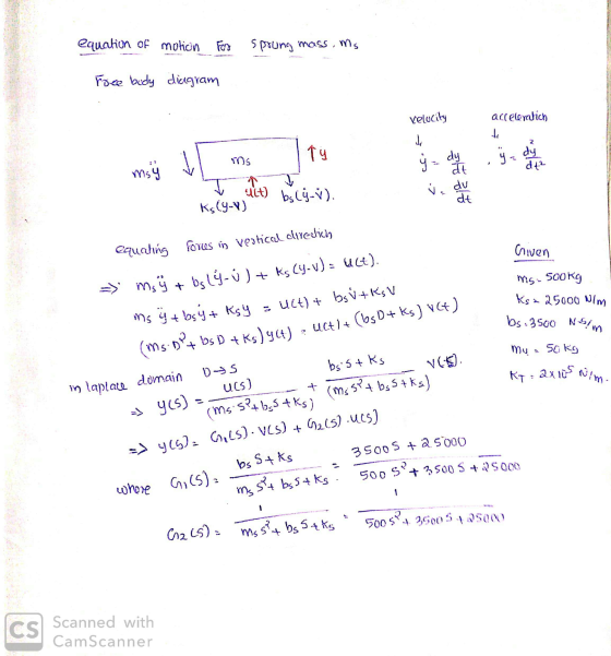 equation of motion Fers sprung mass, mis roce body diagram velocity acceleralich misių 1 mns Ty ý = du ett d . I Lt) bely-v).