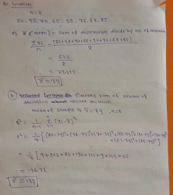9.2. Solution 18 20 82, 98,70,65. go, 76, 67,85 a) x € mean) = sum of observation divide by no. of observation (82+98+ 80 +65