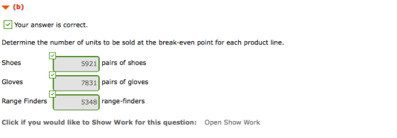 (b) Your answer is correct. Determine the number of units to be sold at the break-even point for each product line. Shoes T 5