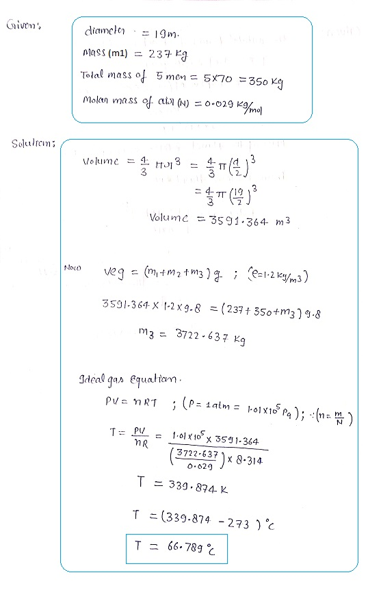 Grivons diamelon = 19m. mass (ml) = 237 kg Tolal mass of 5 mon = 5x70 = 350 kg Molen mass of CT (N) = 0.029 K9mol Solulrom; V